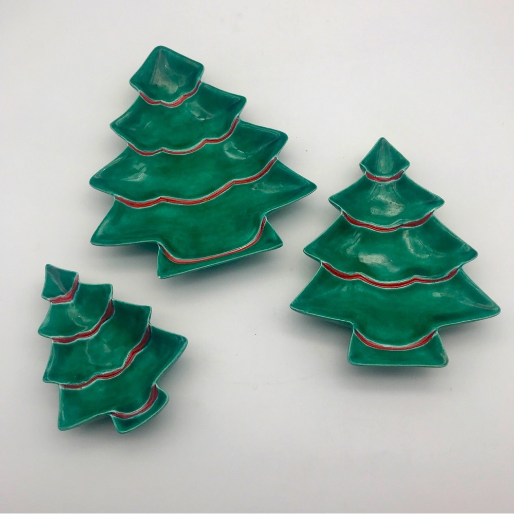 Vtg 3 Pc Stacking Ceramic Christmas Tree Serving Plate Set Trinket Dishes 1960’s